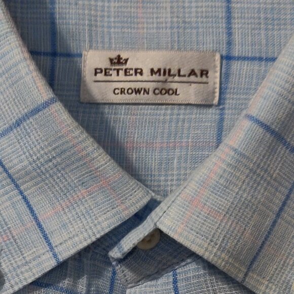 Peter Millar Crown Cool 100% Linen Light Blue Plaid Long Sleeve Button D… - Picture 6 of 7